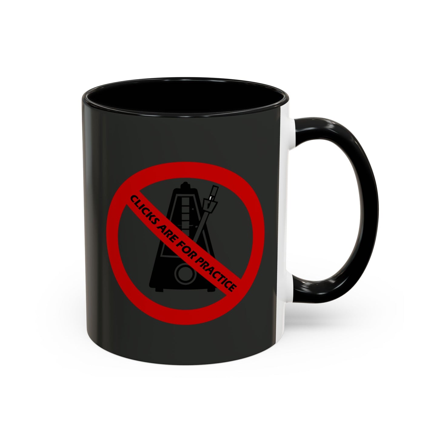 Black mug with a red prohibition symbol and text on a white background