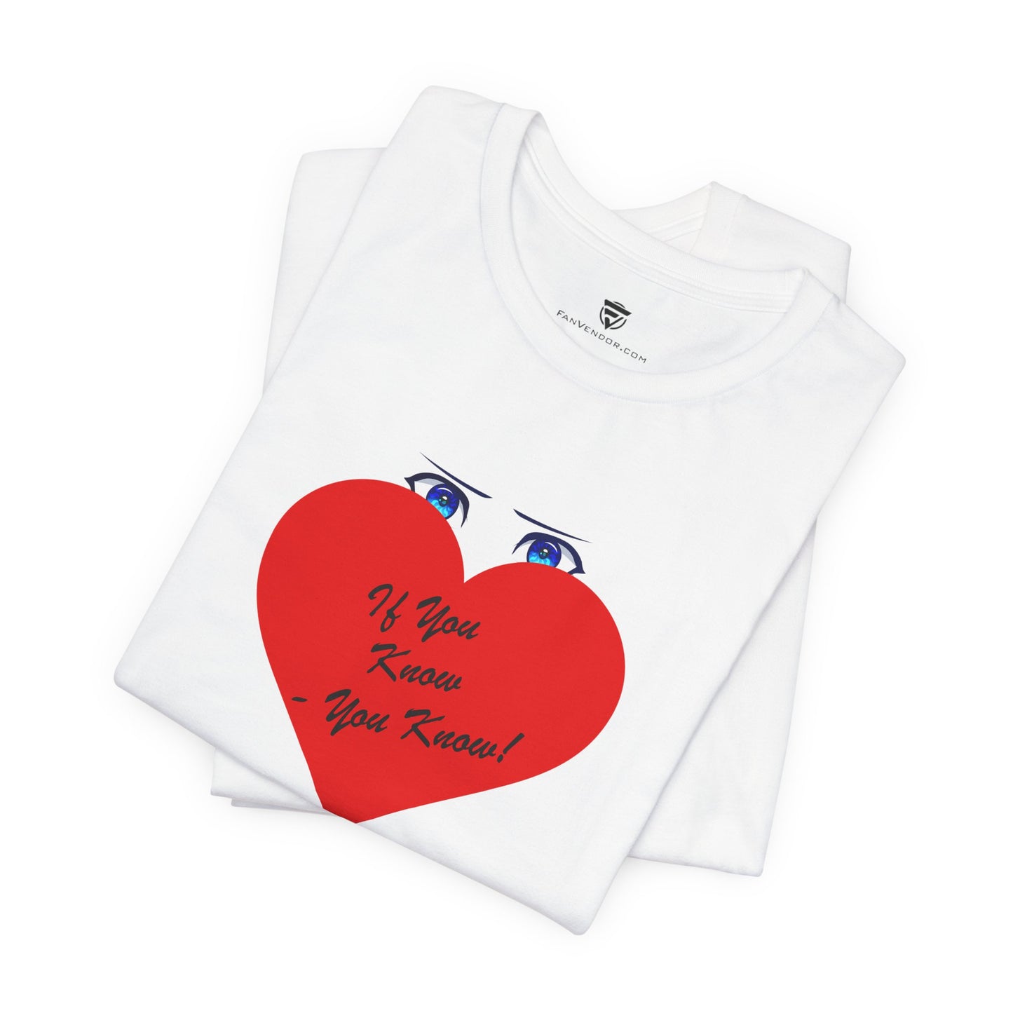 White t-shirt with a red heart design and text on a white background