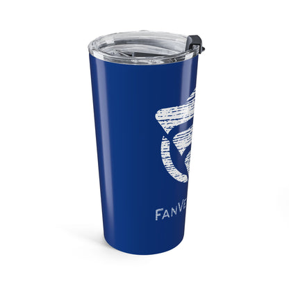 Blue tumbler with a white logo and text on a white background