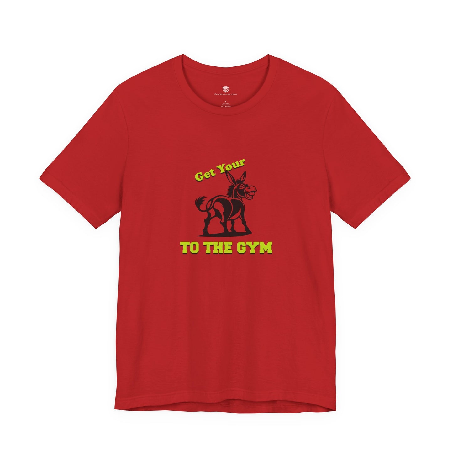 Red t-shirt with gym-themed graphic and text on a white background