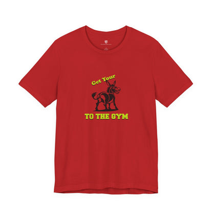 Red t-shirt with gym-themed graphic and text on a white background