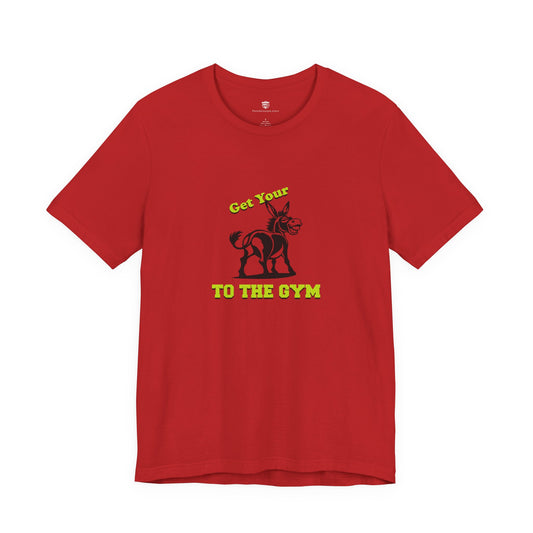 Red t-shirt with gym-themed graphic and text on a white background