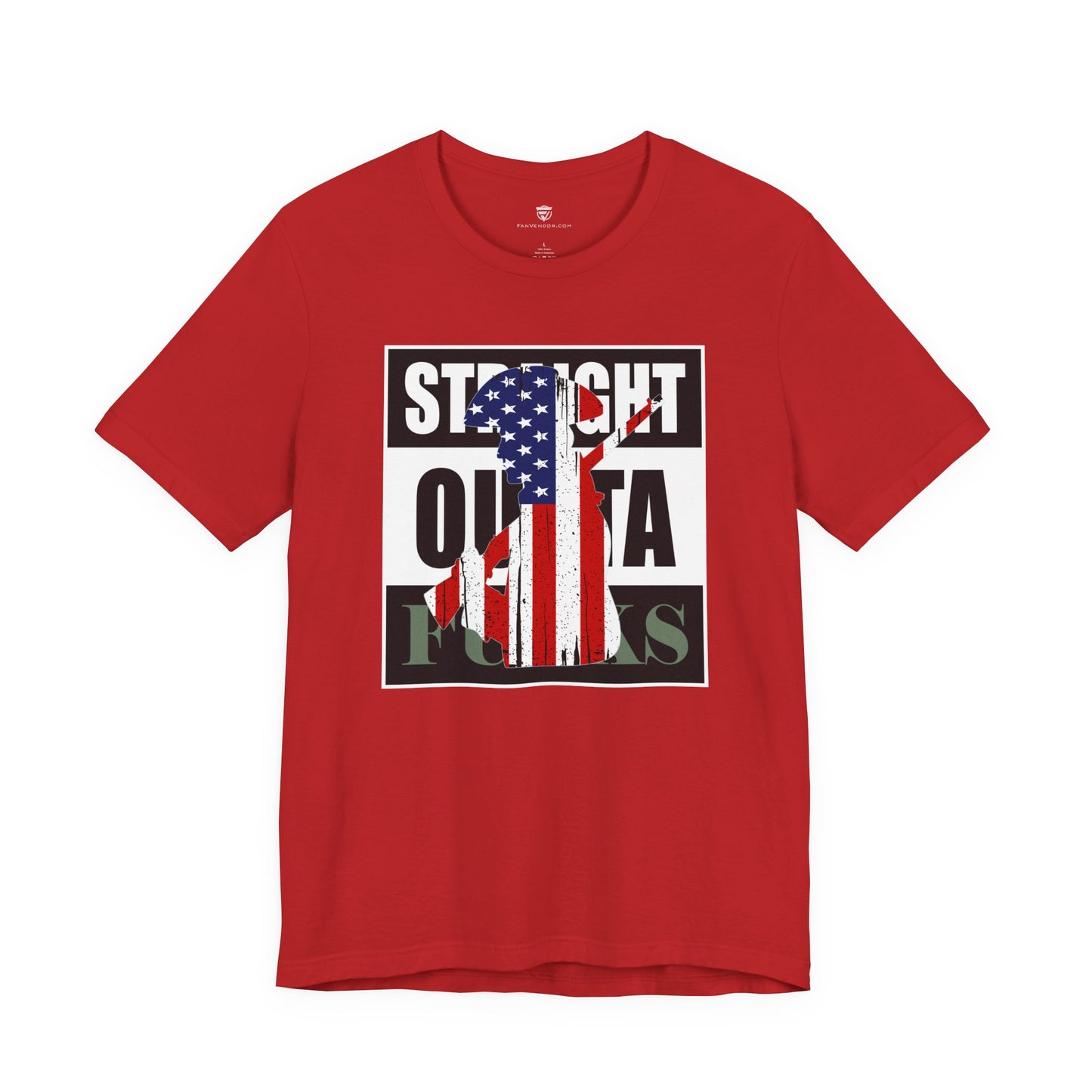 Red t-shirt with graphic design on a white background