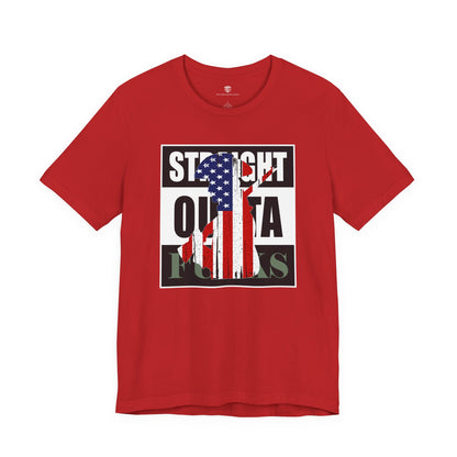 Red t-shirt with graphic design on a white background