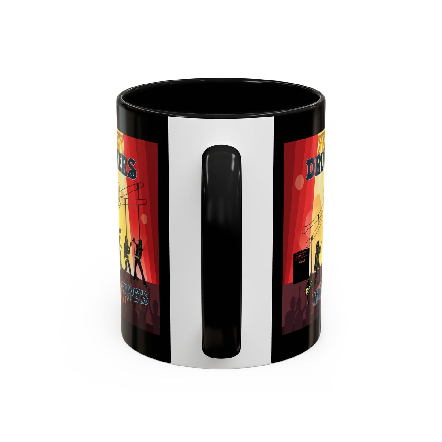 Black mug with a colorful design on a white background