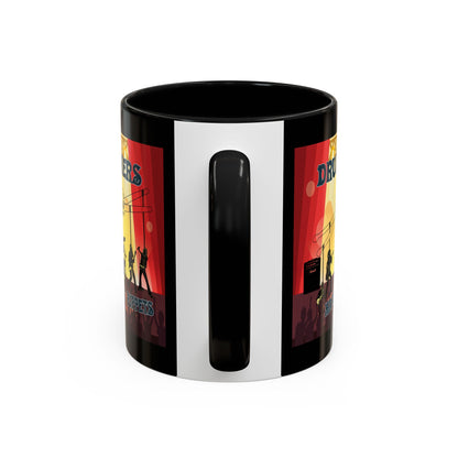 Black mug with a colorful design on a white background