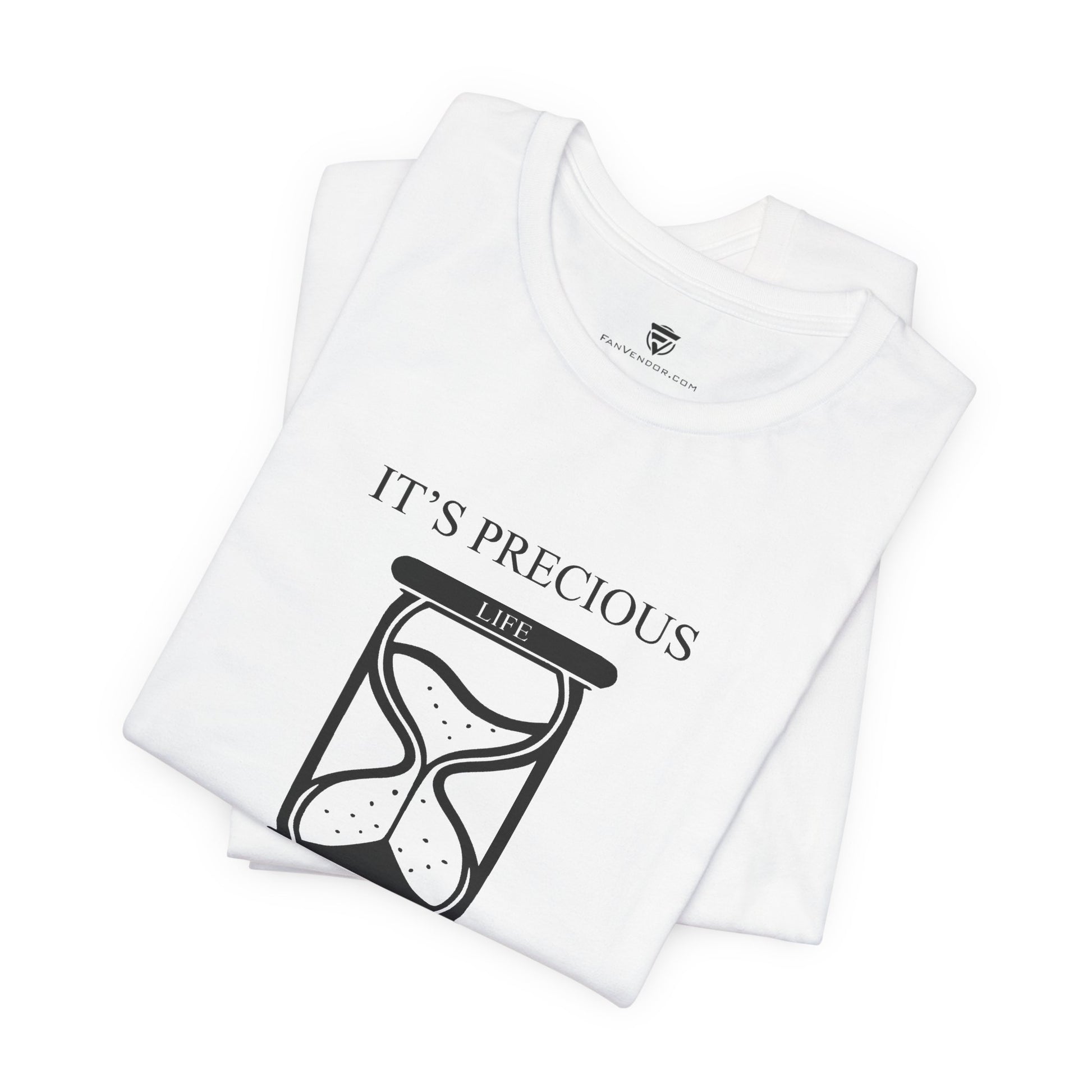 White t-shirt with 'It's Precious Life' design on a white background