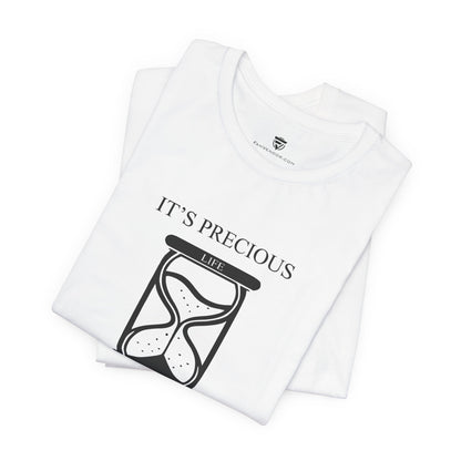 White t-shirt with 'It's Precious Life' design on a white background