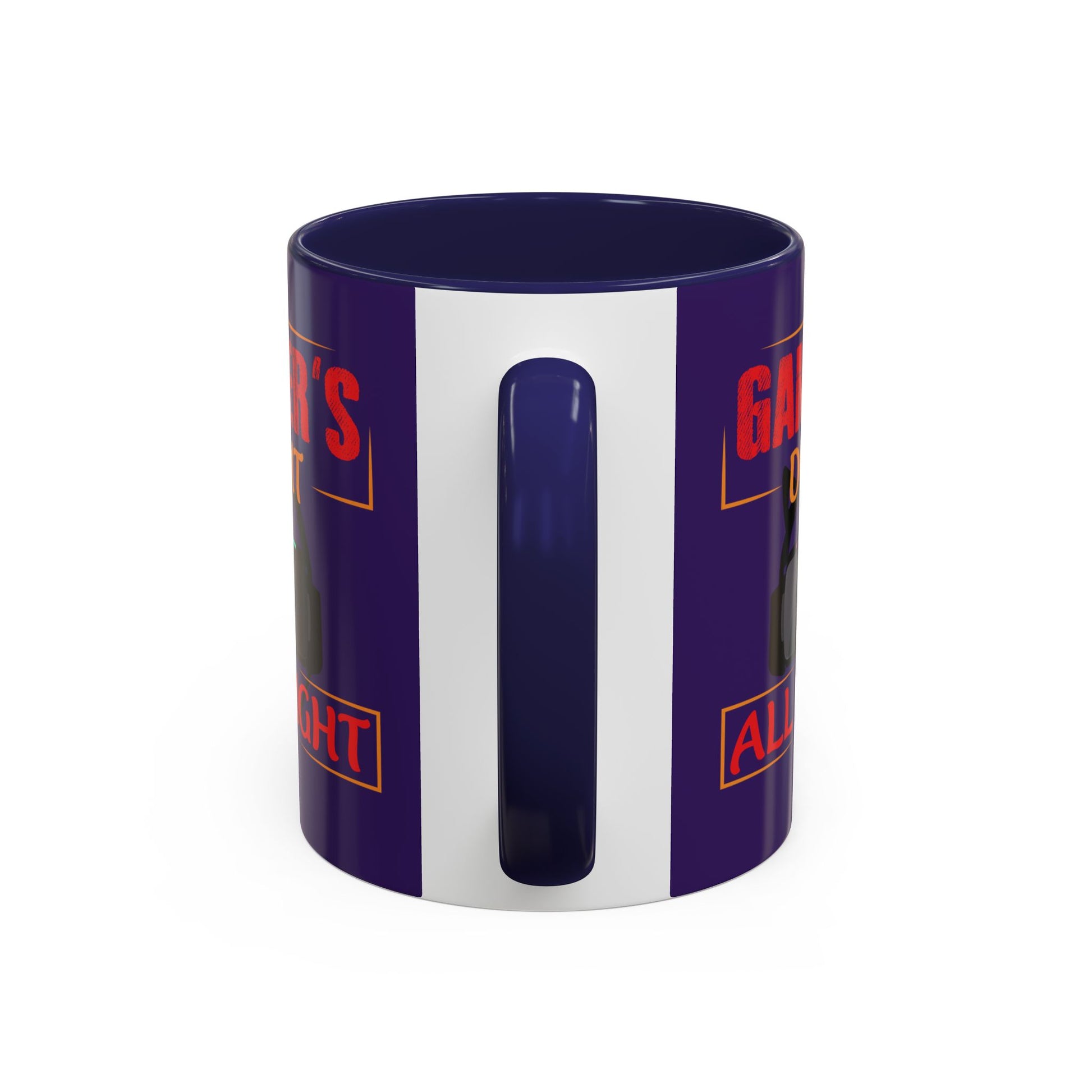 Mug with a blue interior and exterior, white handle, and red text on a white background