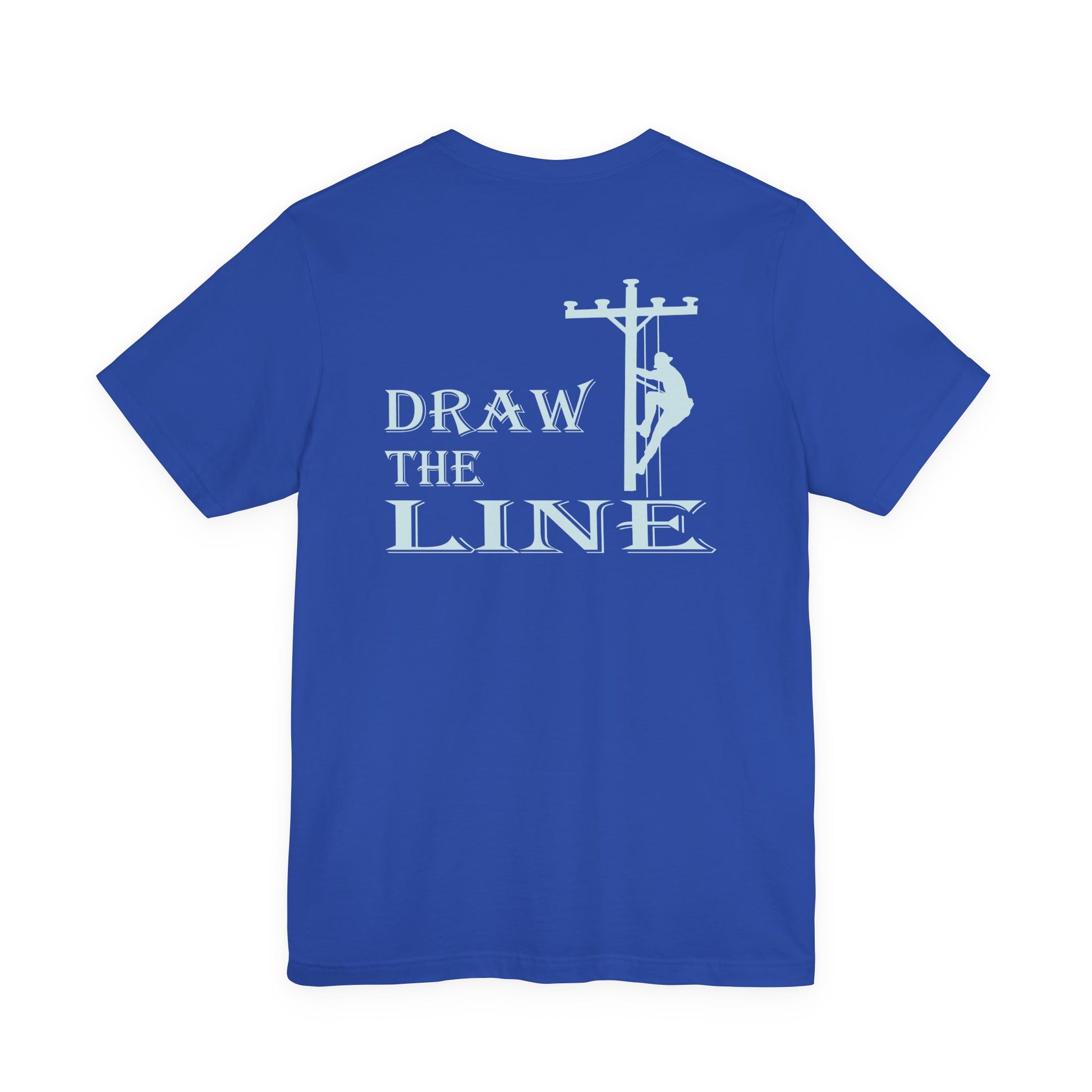 Blue t-shirt with 'Draw the Line' graphic and text on a white background