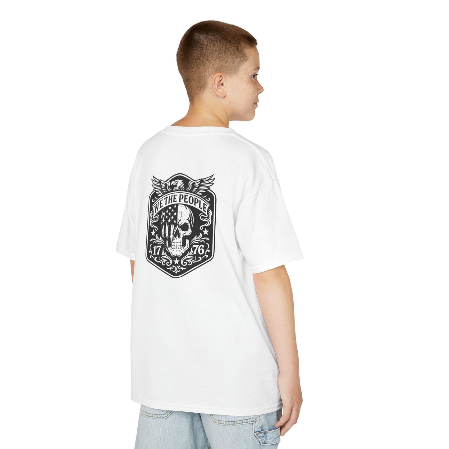 Child wearing a white t-shirt with a graphic and text on the back, standing against a white background.