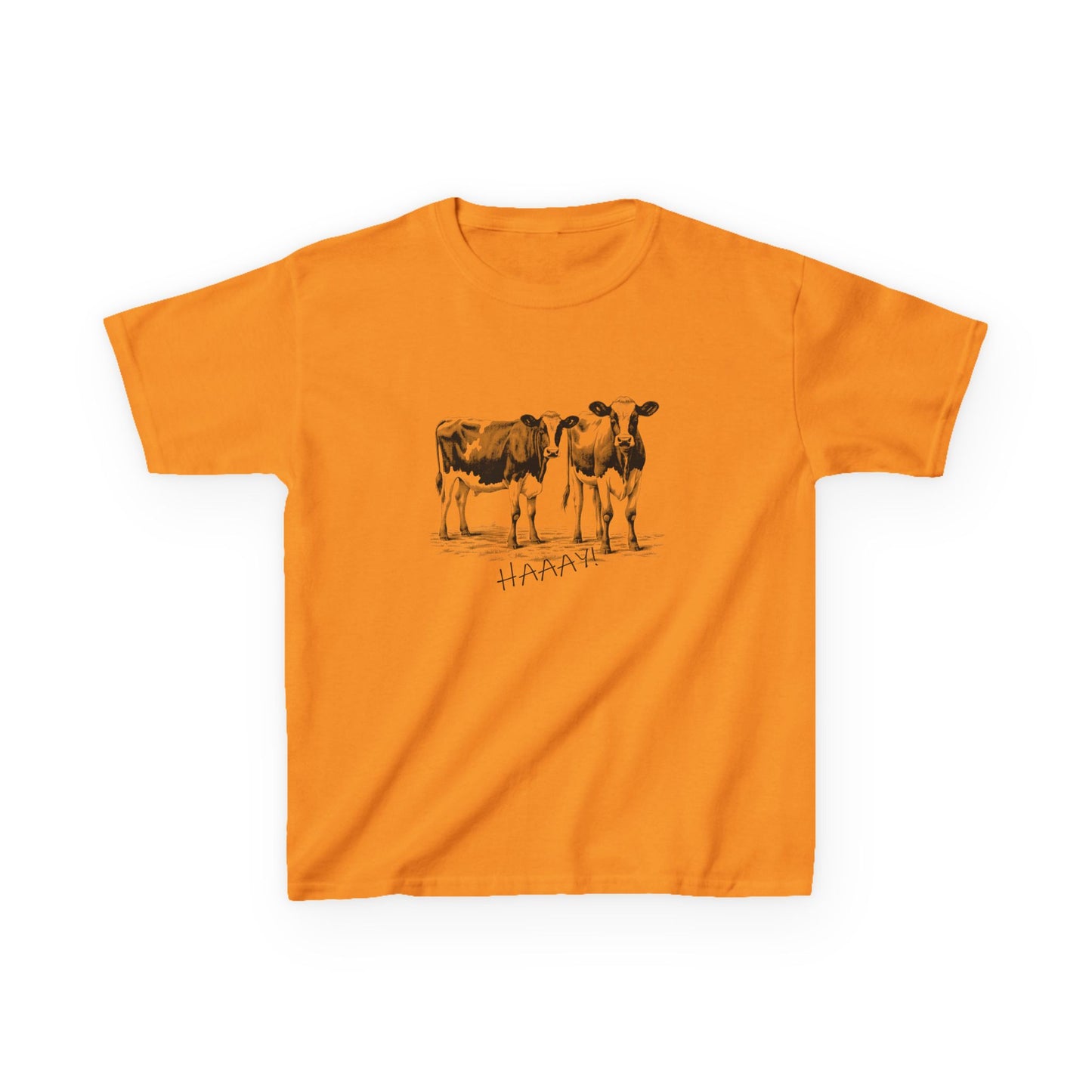 Orange t-shirt with a graphic of two cows and the word 'HAAAY' on a white background