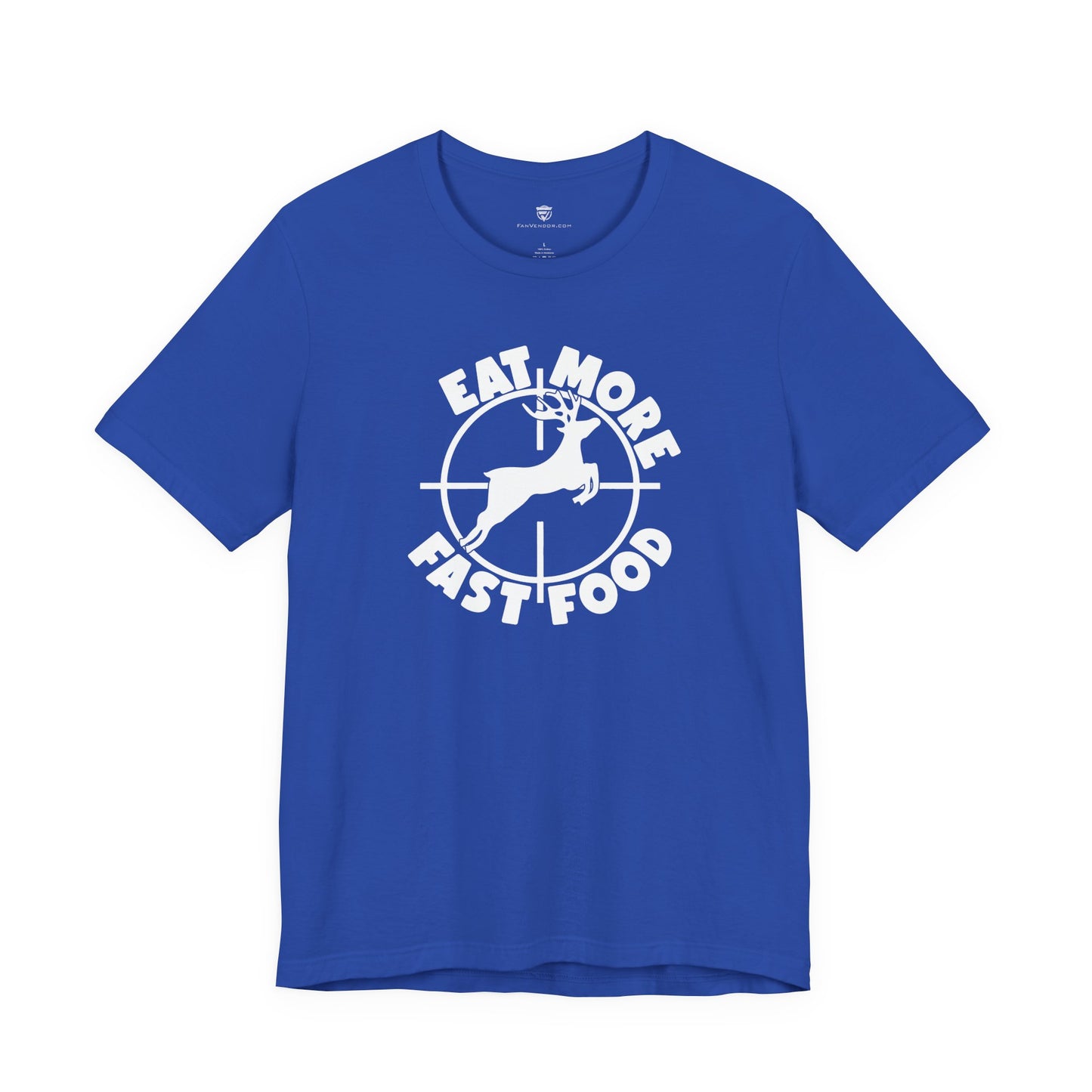 Blue t-shirt with white graphic and text on a white background