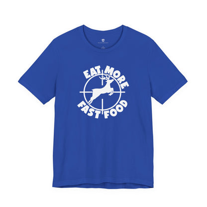 Blue t-shirt with white graphic and text on a white background