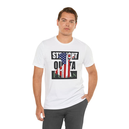 Man wearing a white t-shirt with a graphic design on a white background