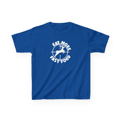 Blue t-shirt with white graphic and text on a white background