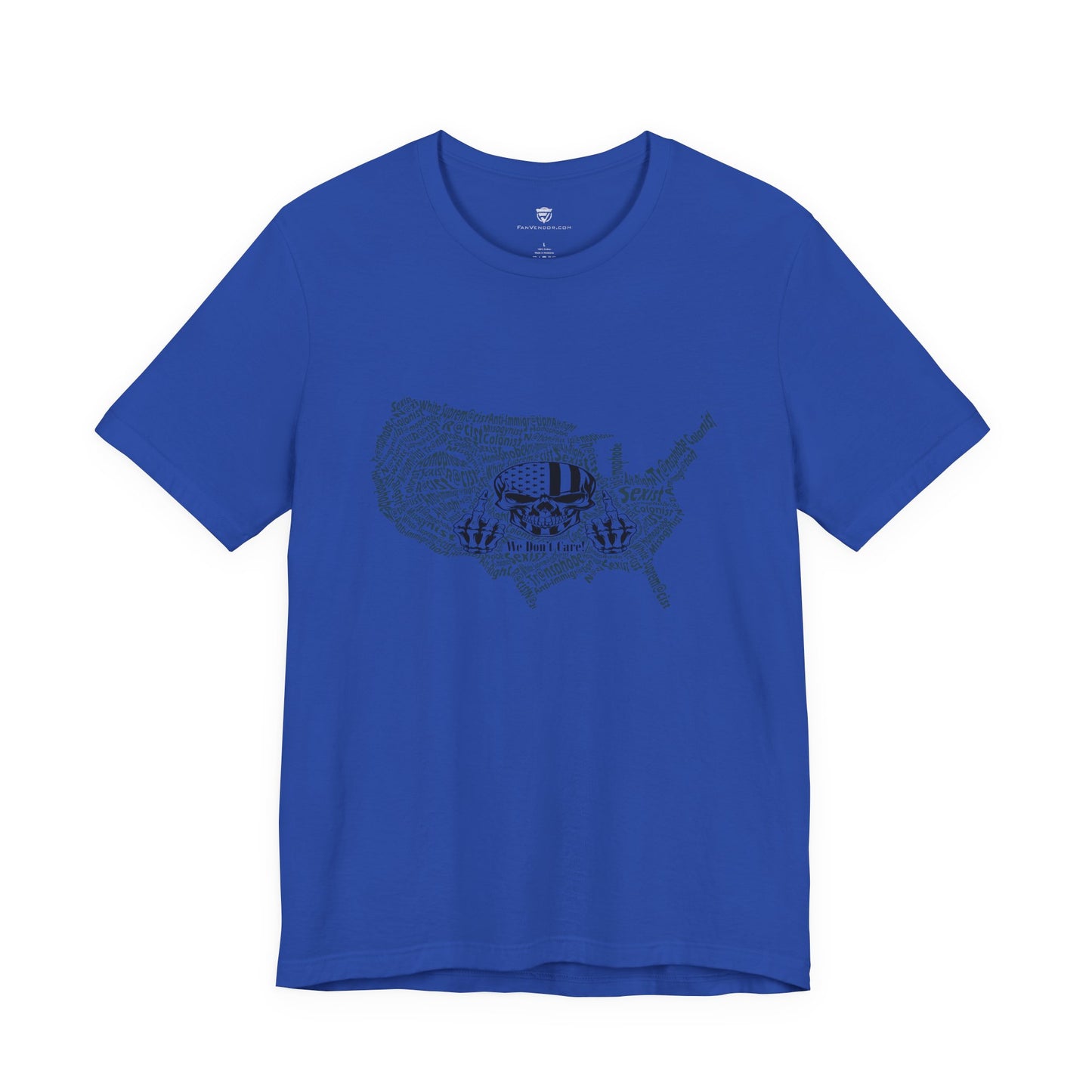 Blue t-shirt with a graphic design on a white background