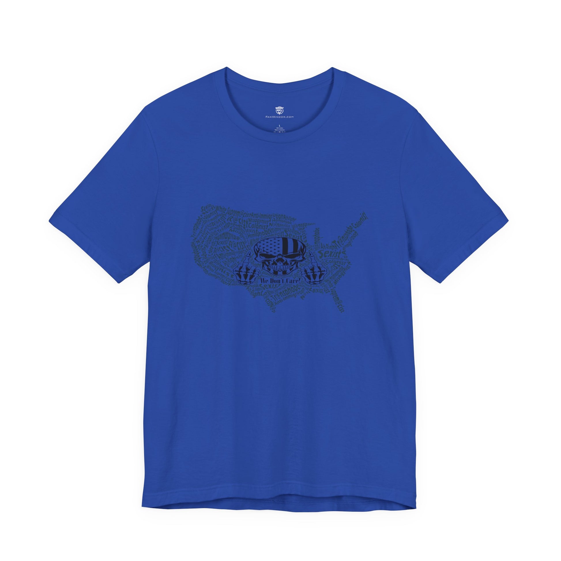 Blue t-shirt with a graphic design on a white background