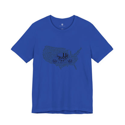 Blue t-shirt with a graphic design on a white background