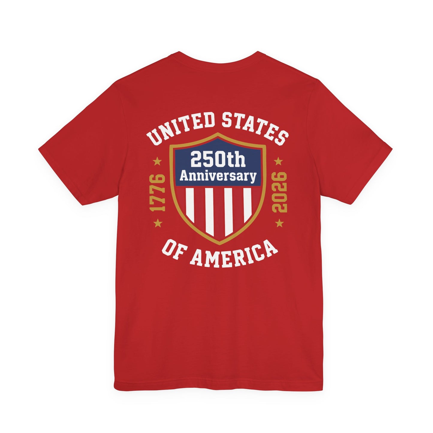 Red t-shirt with 'United States of America 250th Anniversary' design on a white background