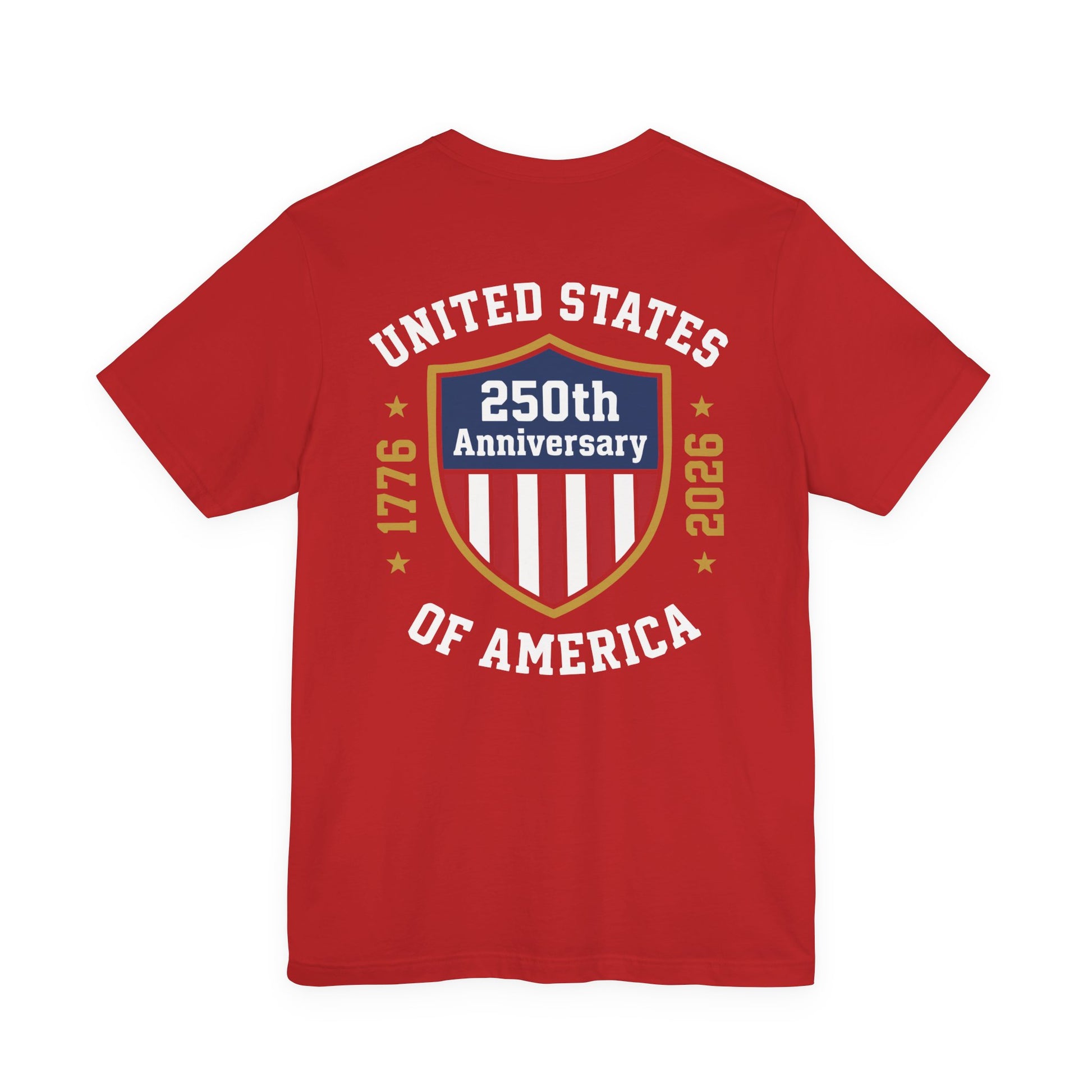 Red t-shirt with 'United States of America 250th Anniversary' design on a white background