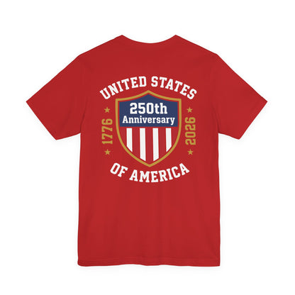 Red t-shirt with 'United States of America 250th Anniversary' design on a white background