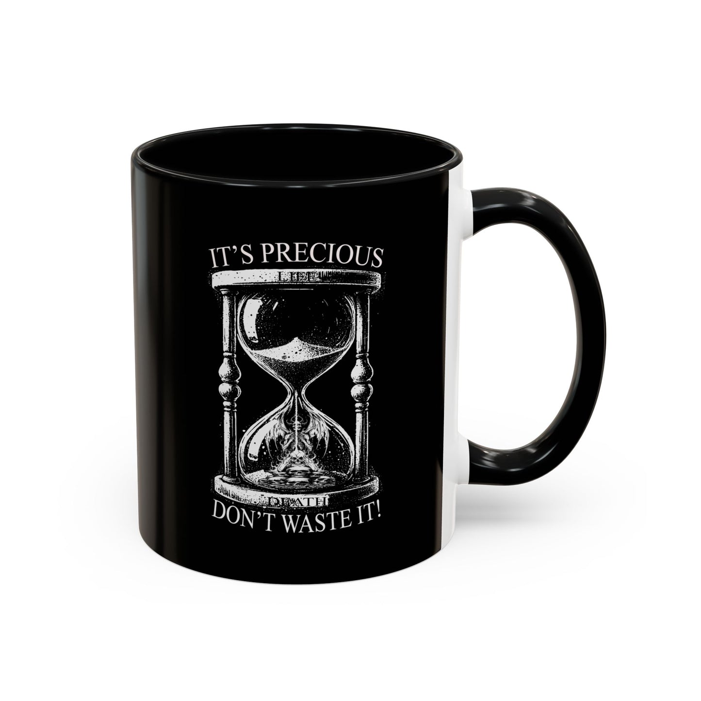 Black mug with an hourglass design and text on a white background