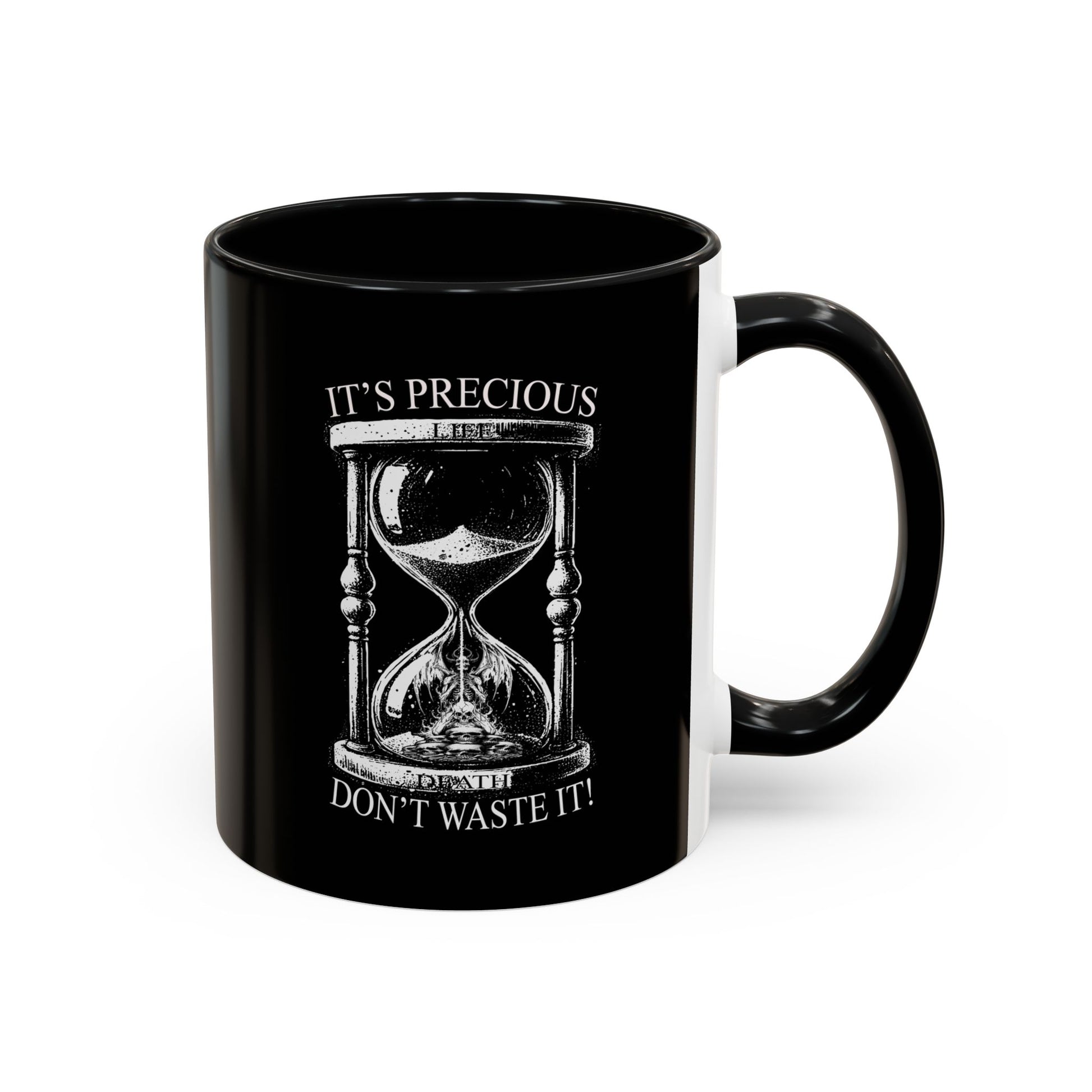Black mug with an hourglass design and text on a white background