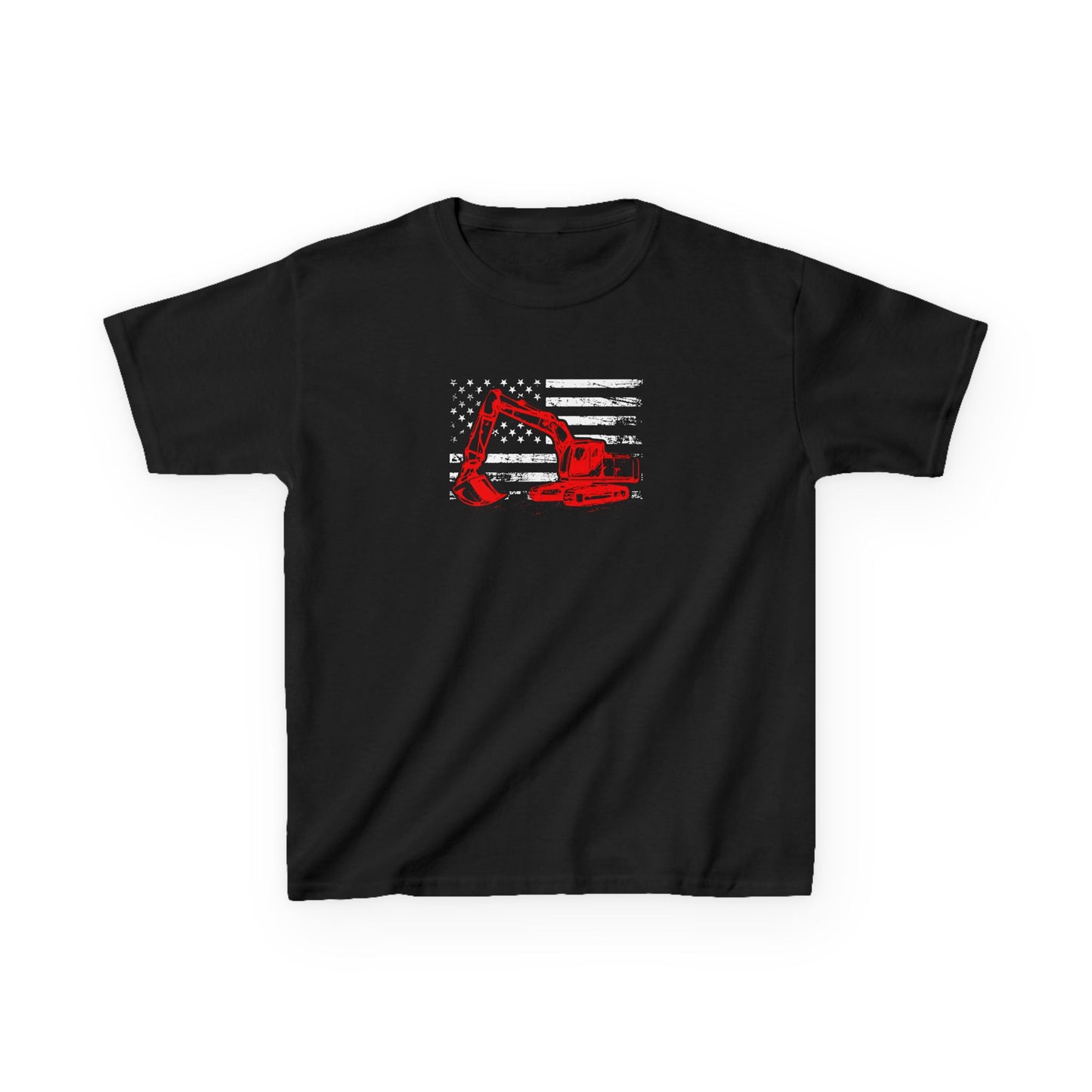 Black t-shirt with red and white graphic design on a white background
