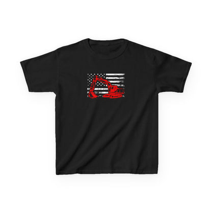 Black t-shirt with red and white graphic design on a white background