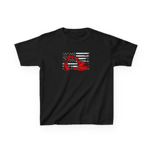 Black t-shirt with red and white graphic design on a white background
