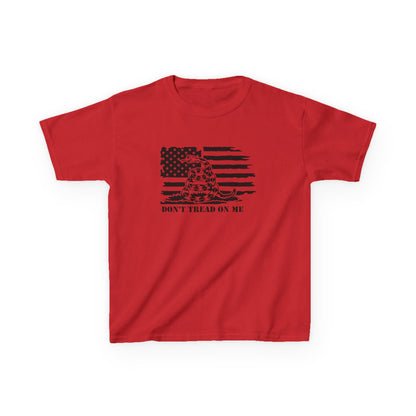 Red t-shirt with black graphic design and text on a white background
