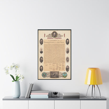 Framed copy of the Declaration of Independence on a shelf with decor items.