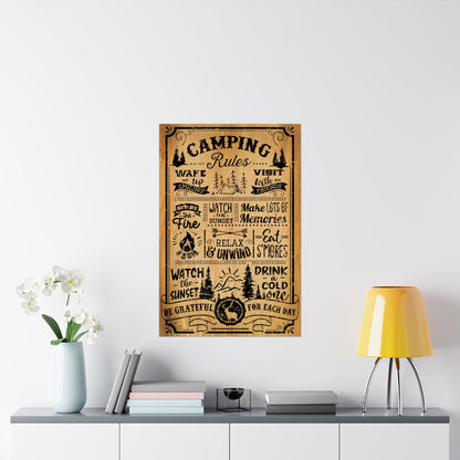 Camping rules poster on a wall above a shelf with decor items.