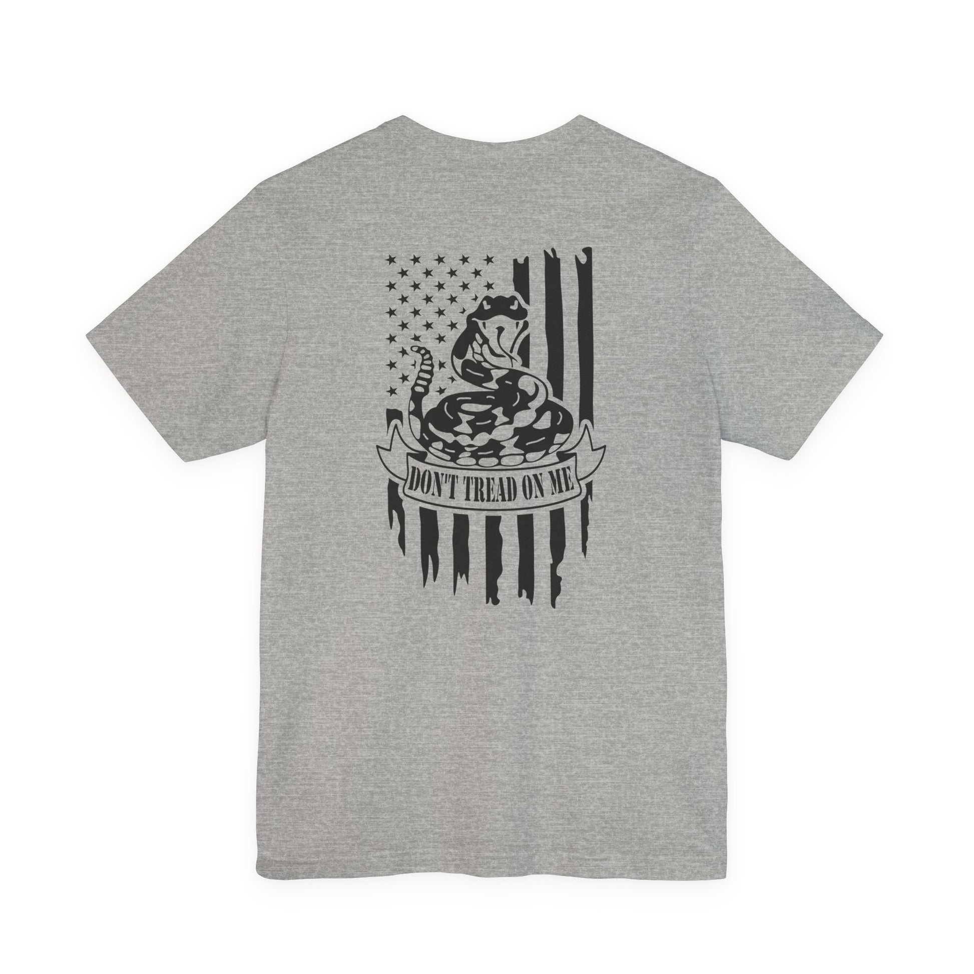 Gray t-shirt with snake and flag graphic on the back, on a white background