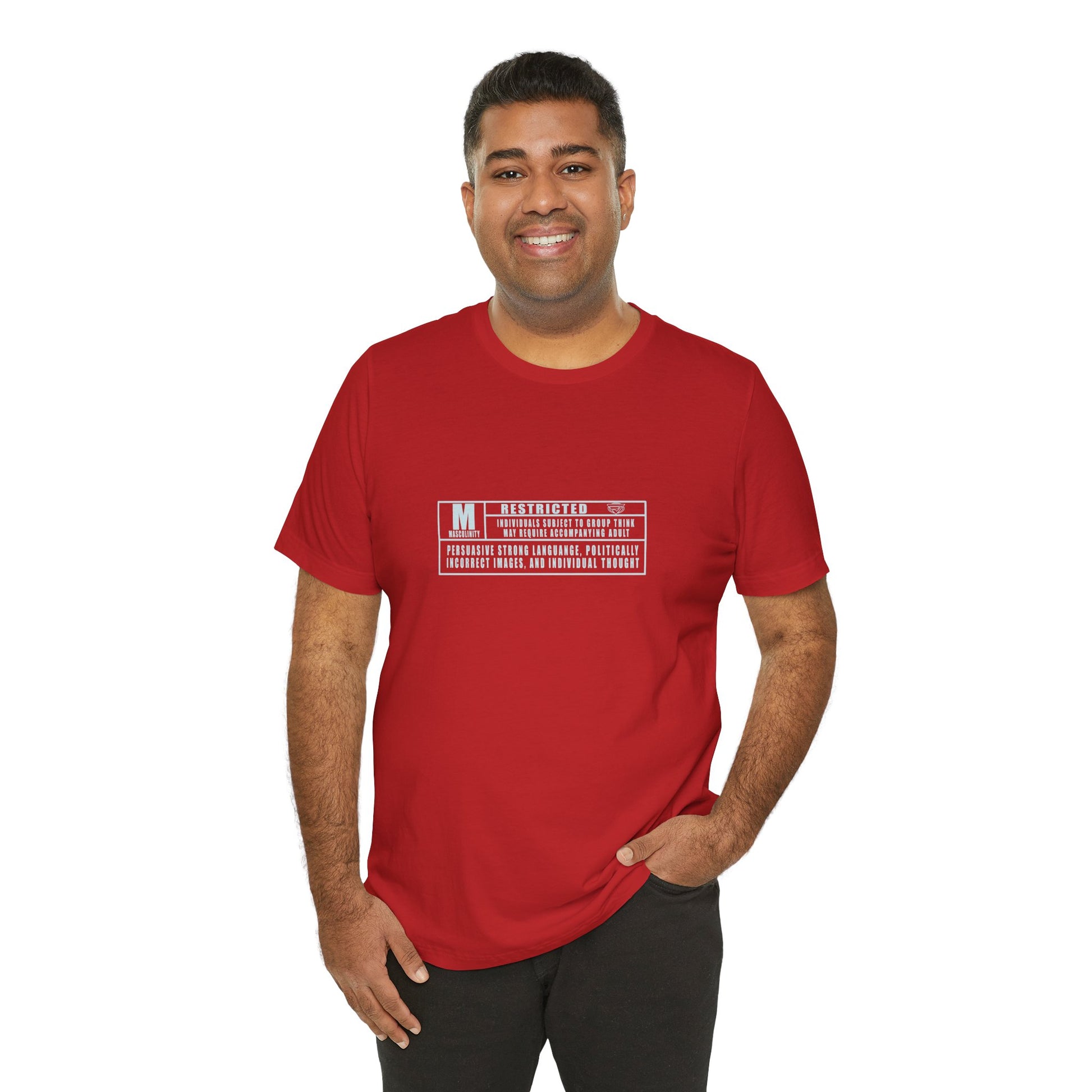 Man wearing a red t-shirt with text on a white background