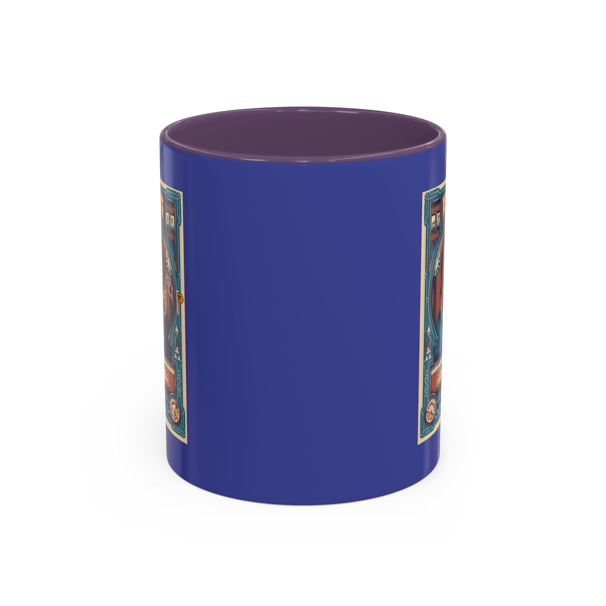 Blue cylindrical container with colorful labels on a white background