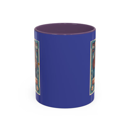 Blue cylindrical container with colorful labels on a white background