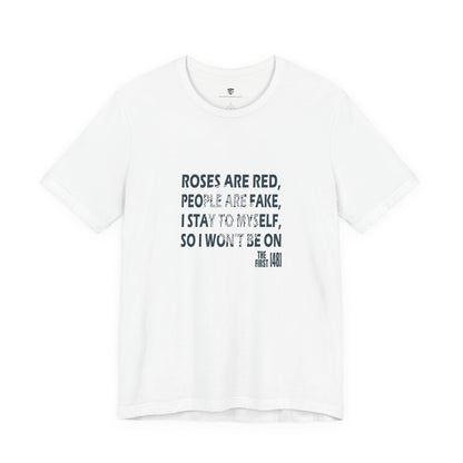 White t-shirt with black text on a white background