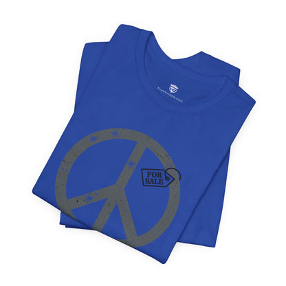 Blue t-shirt with peace symbol and 'For Sale' tag design on a white background