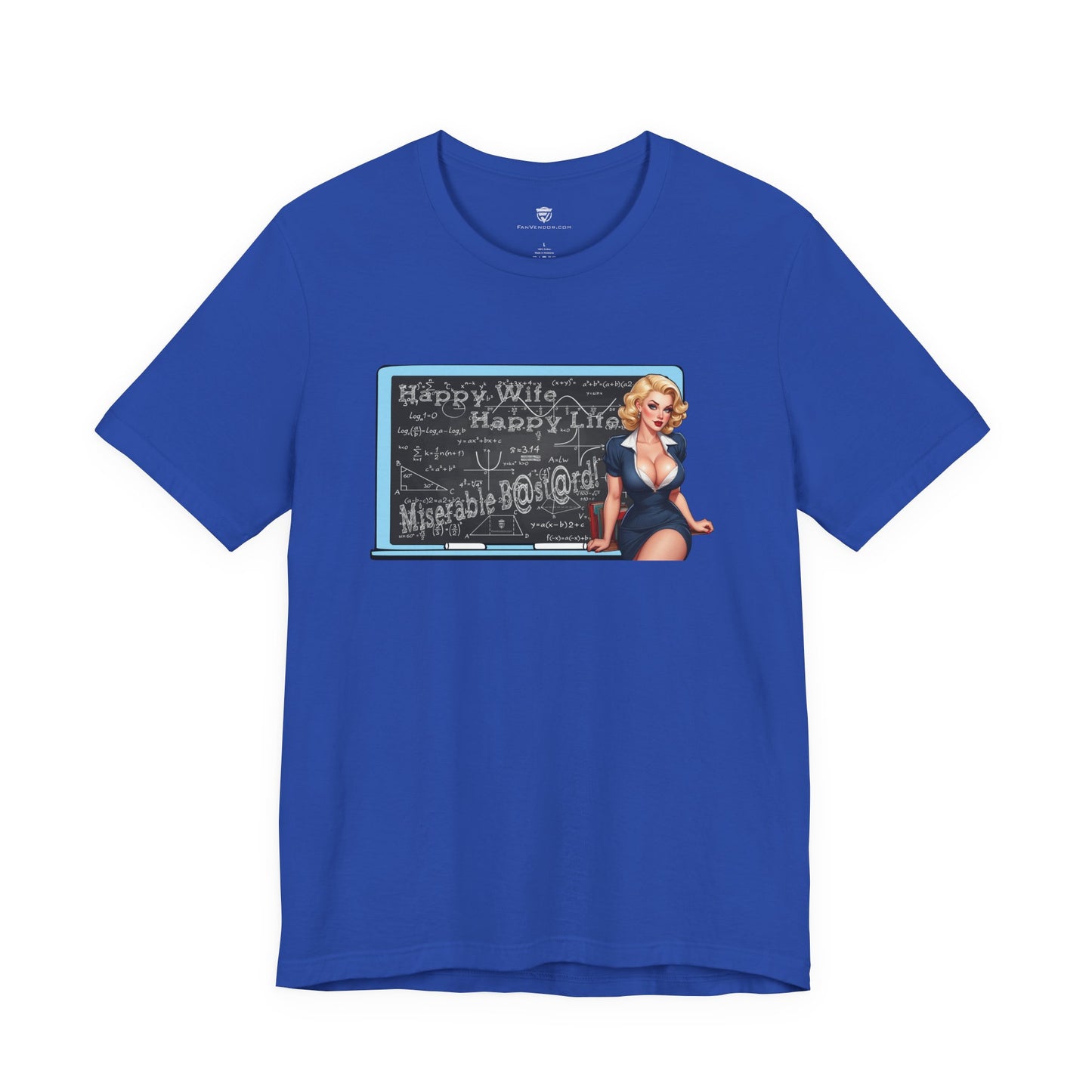 Blue t-shirt with a graphic design of a woman in front of a chalkboard on a white background