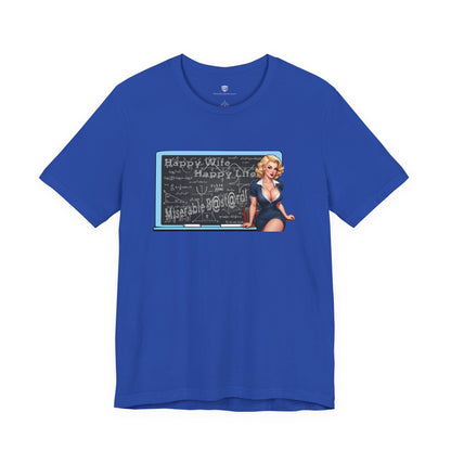 Blue t-shirt with a graphic design of a woman in front of a chalkboard on a white background