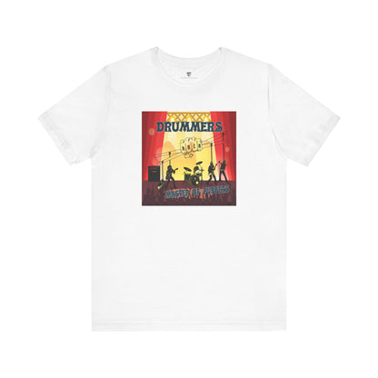 White t-shirt with a colorful graphic design on a white background