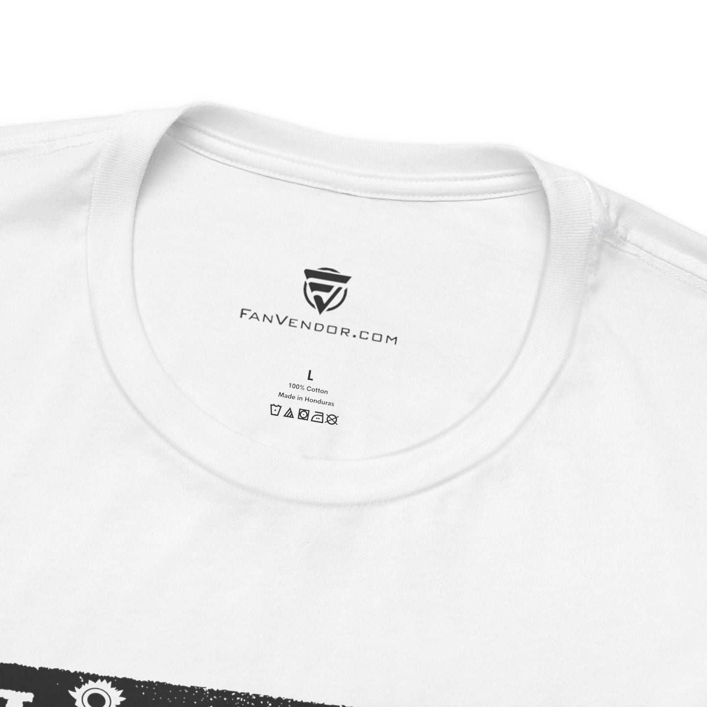Close-up of a white t-shirt with 'FanVendor.com' branding on the collar.