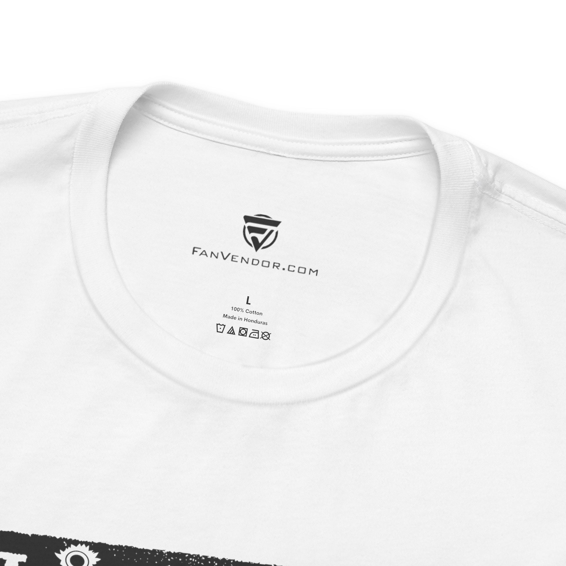 Close-up of a white t-shirt with 'FanVendor.com' branding on the collar.