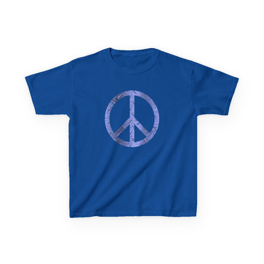 Blue t-shirt with a peace symbol design on a white background