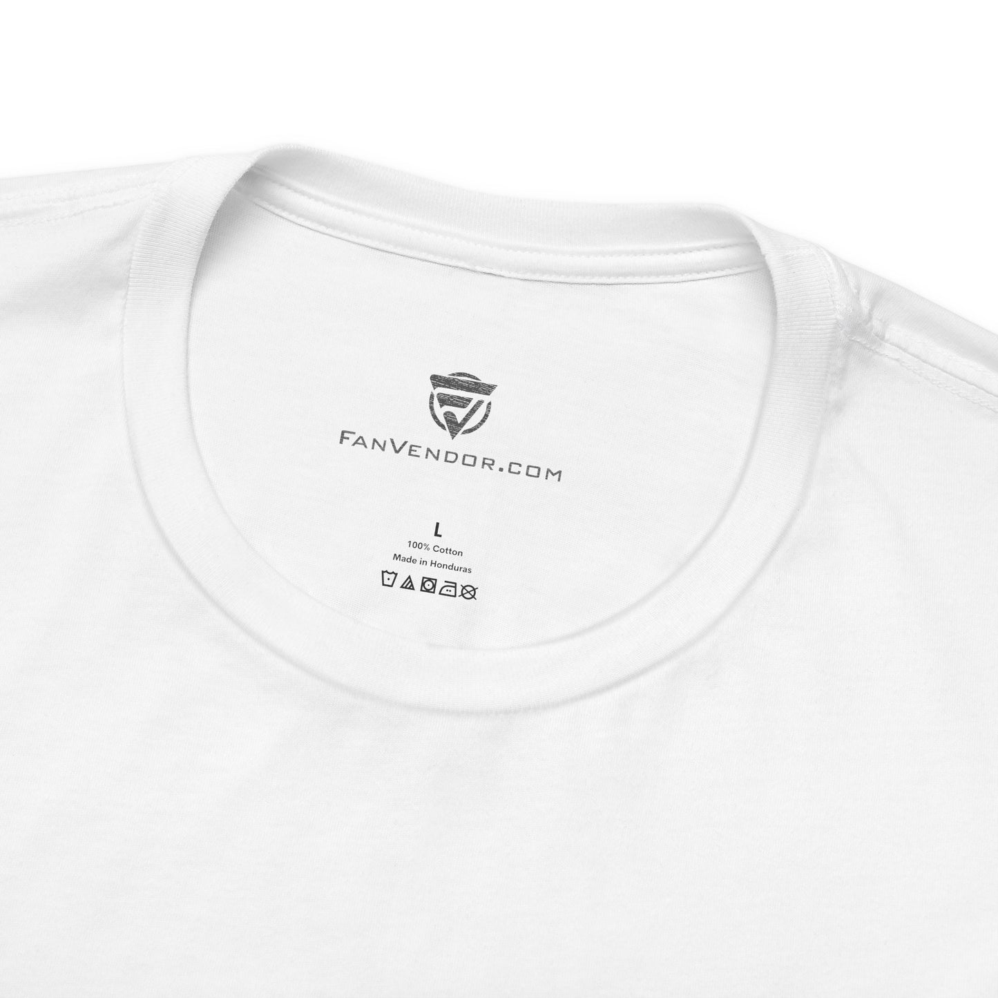 White t-shirt with branding on a white background