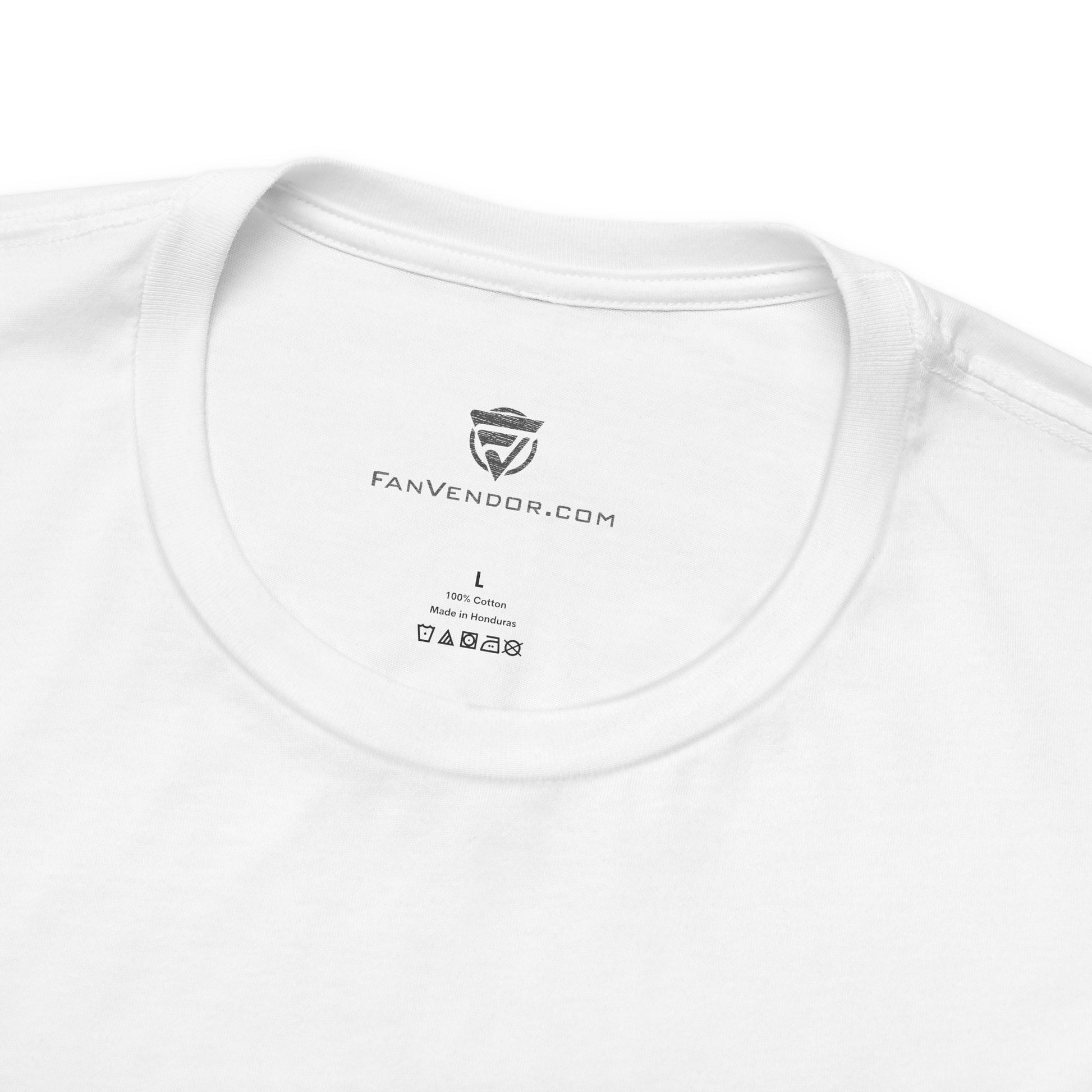 White t-shirt with branding on a white background