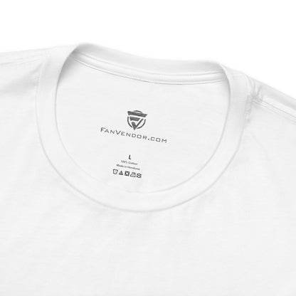 White t-shirt with branding on a white background