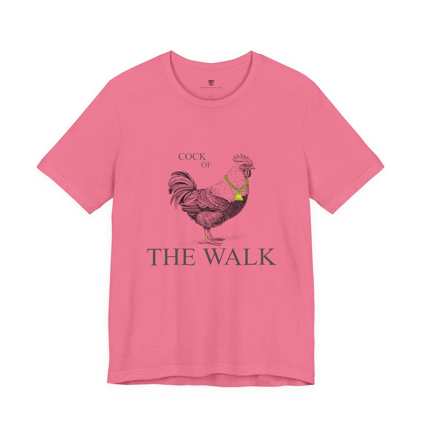Pink t-shirt with a rooster graphic and text on a white background